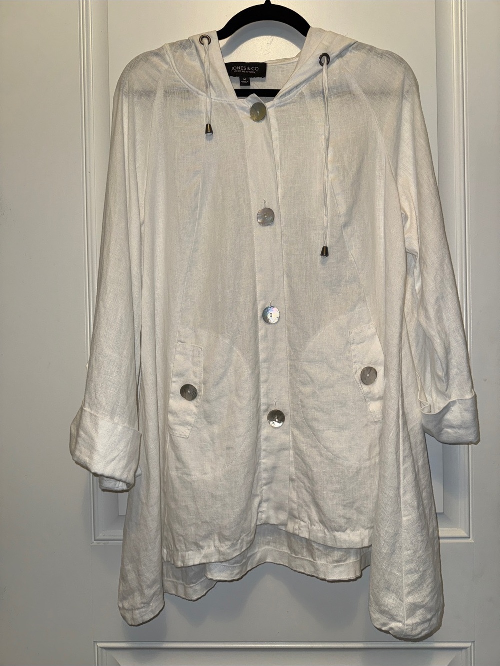 Jones & Co White Linen Hooded Button-Front tunic shirt size medium
